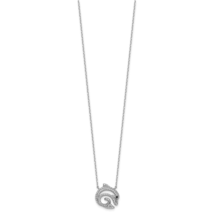 Rhodium Over Sterling Silver Black and White Cubic Zirconia Dolphin Necklace