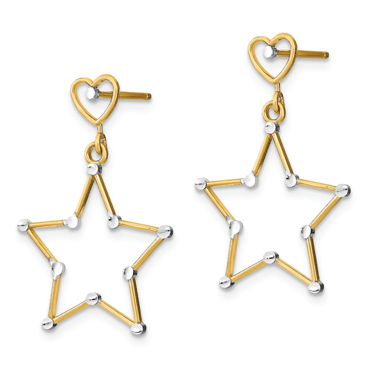 14K Two-tone Gold Diamond-Cut Heart and Star Dangle Earrings
