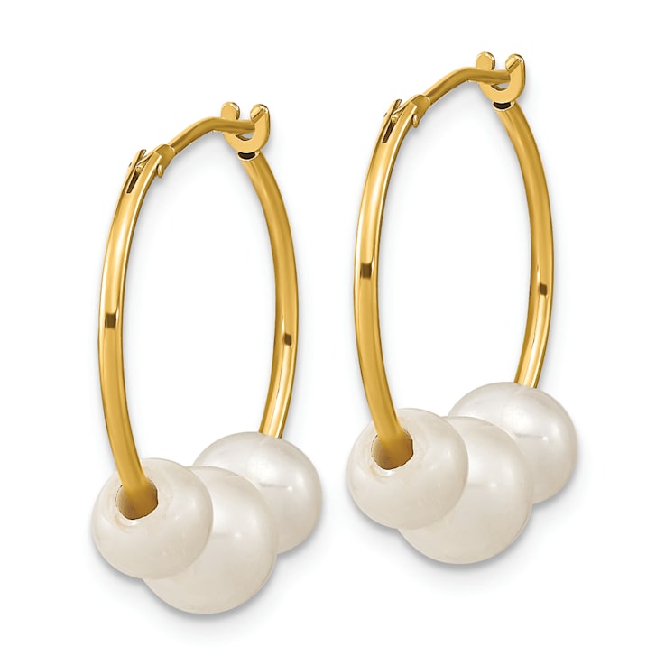 14K Yellow Gold 13/16" Round White Freshwater Cultured Pearl Hoop Earrings