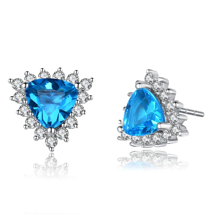 Blue Topaz Color CZ Triangle Stud Earrings In Sterling Silver
