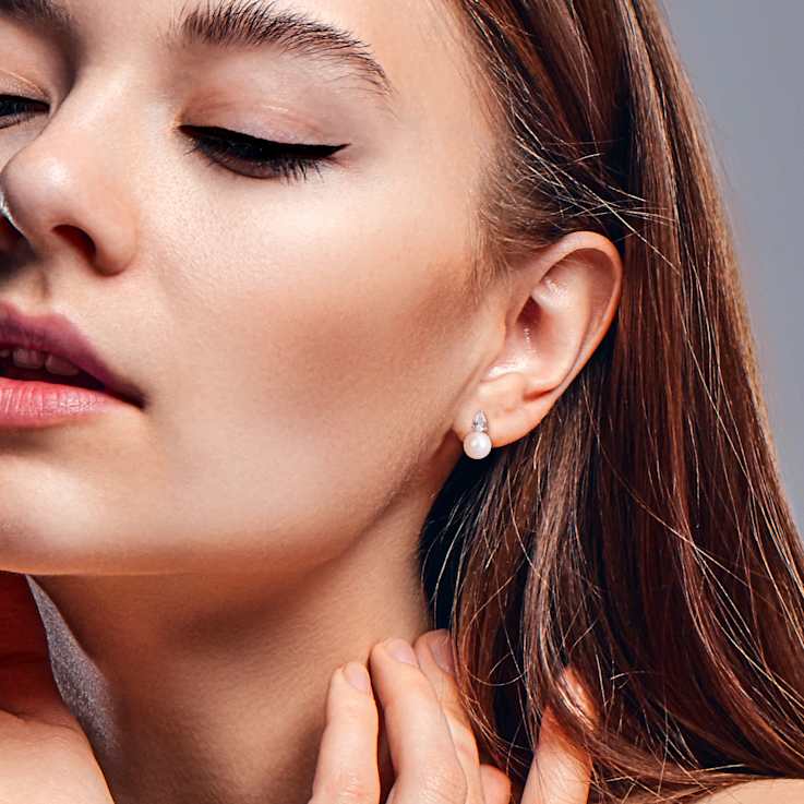 Freshwater Pearl And Created White Sapphire Stud Earrings In Sterling Silver