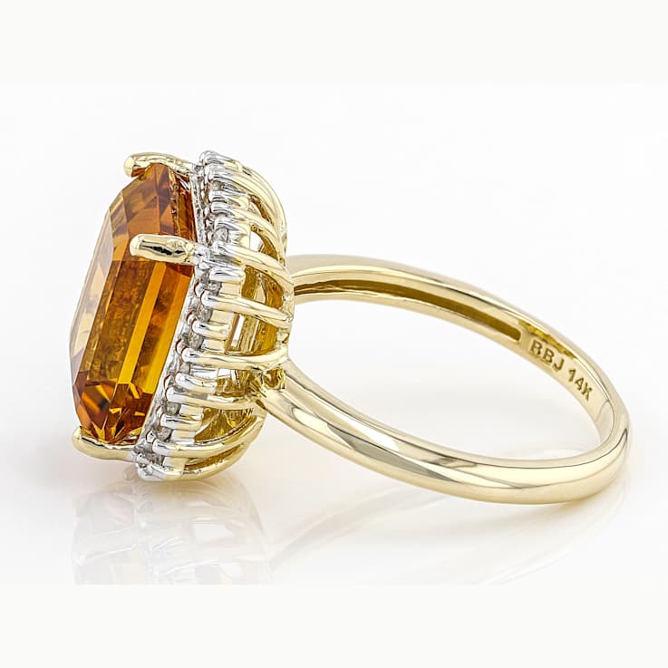 Citrine Rectangular Octagonal And White Diamond Ring In Solid 14K Yellow
Gold 5.53ctw