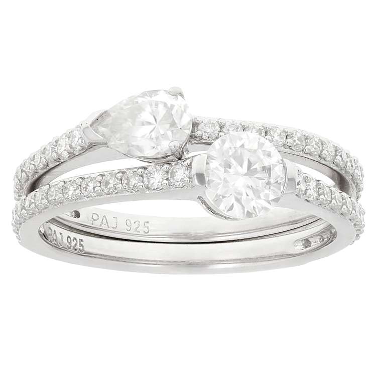 Moissanite Pear and Round Ring Set in Platinum Silver