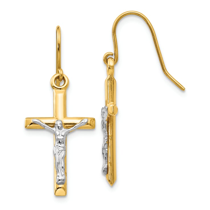 14k Yellow Gold and 14k White Gold Polished Crucifix Dangle Earrings