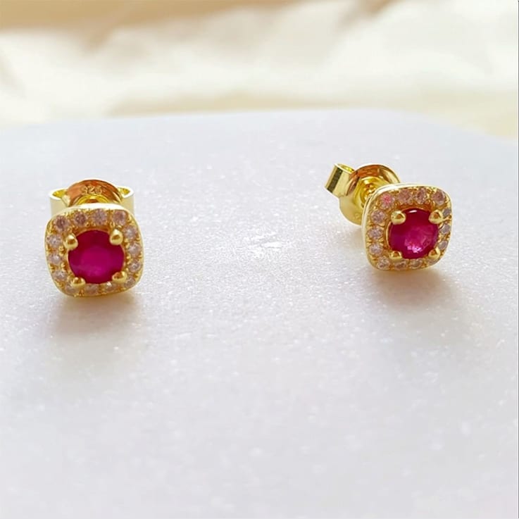 Red Ruby with Moissanite in 14K Yellow Gold Over Sterling Silver Halo
Stud Earrings