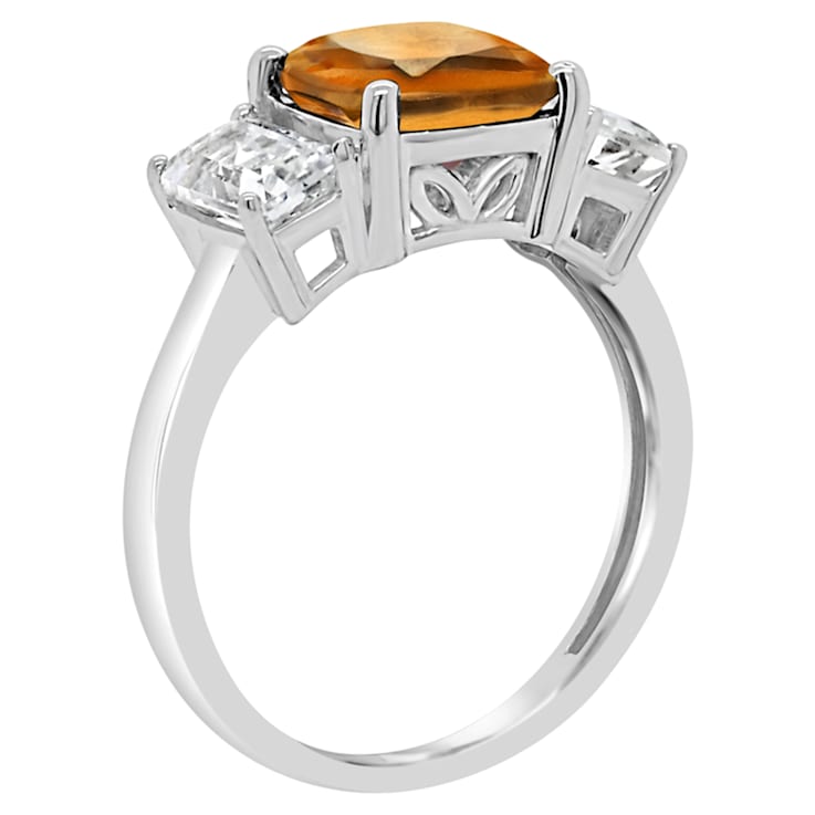 8mm Square Cushion Citrine And White Topaz Rhodium Over Sterling Silver Ring