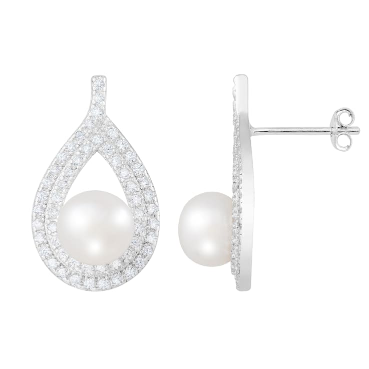 7-11mm Button White Freshwater Pearl and CZ Rhodium Over Sterling
Earring and Pendant W/Chain Set
