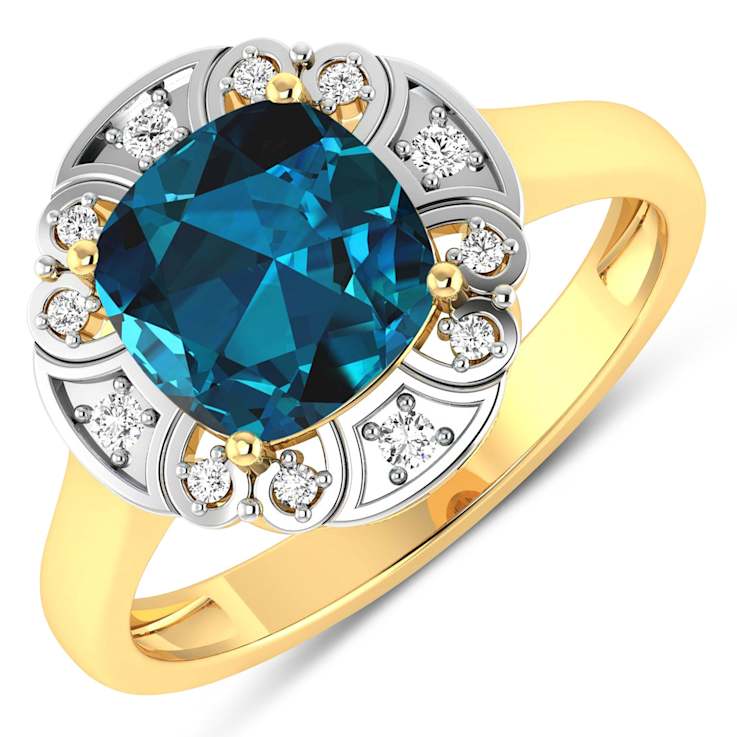 London Blue Topaz and White Diamond 14K Yellow Gold Halo Ring 2.24 ctw
