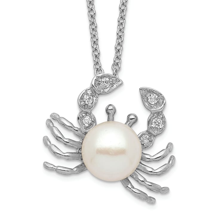 Rhodium Over Sterling Silver Cubic Zirconia and Freshwater Pearl Crab Necklace