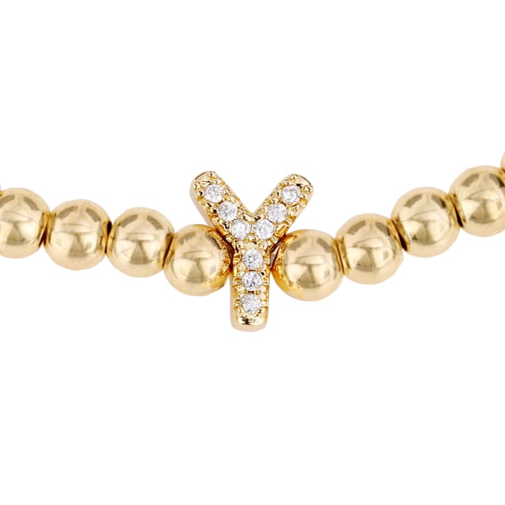 Initial Y CZ Beaded Bracelet Set In 14K Gold Over Brass 0.09ctw