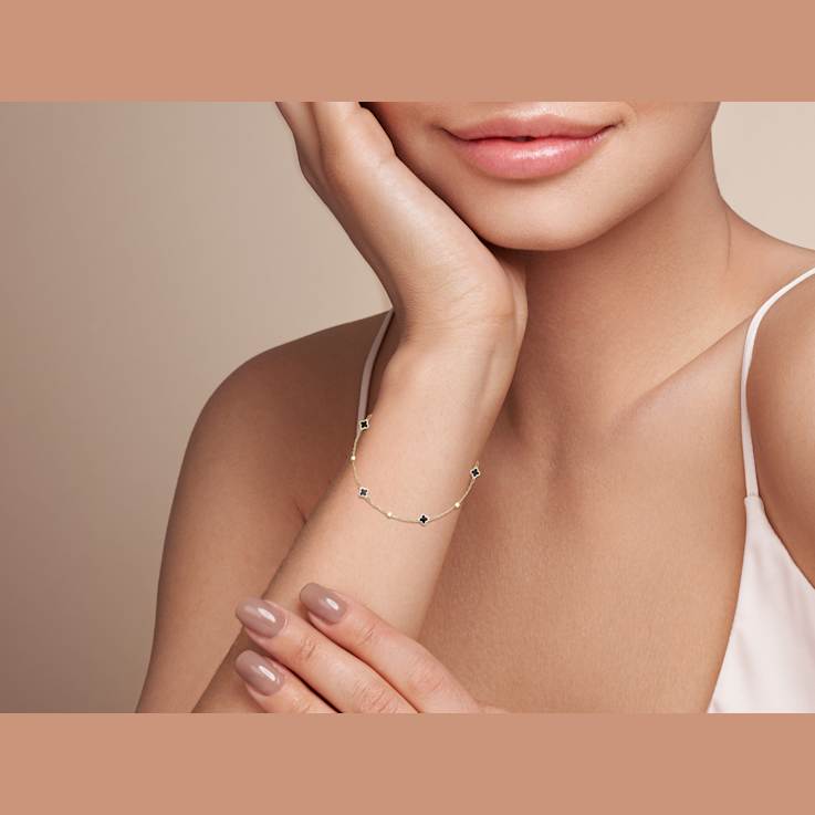 Bellissima Gold 14K Yellow Gold Black Enamel Clover and Beaded Station Bracelet