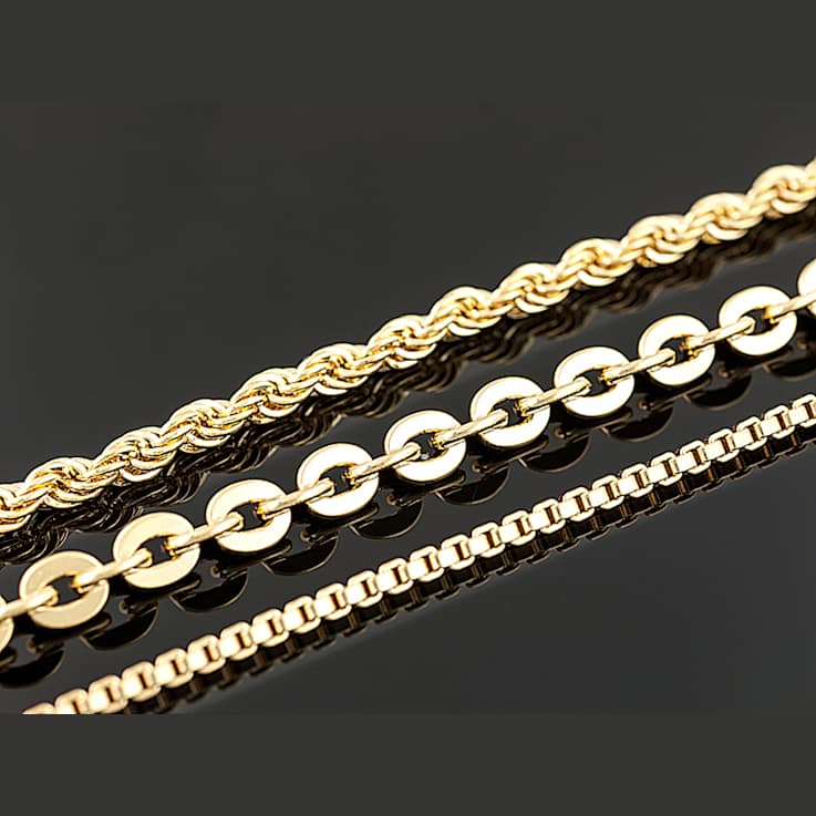 Box, Rope And Cable Link Chain Necklace Set In 18K Gold Over Bronze