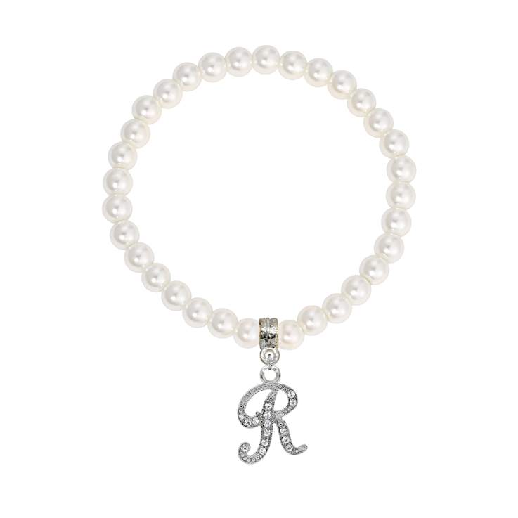White Faux Pearl Bead Initial Charm Stretch Bracelet