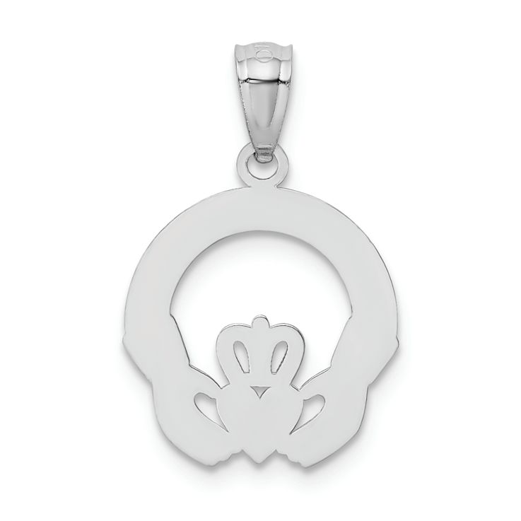 Rhodium Over 14k White Gold Solid Satin and Diamond-Cut Claddagh Pendant