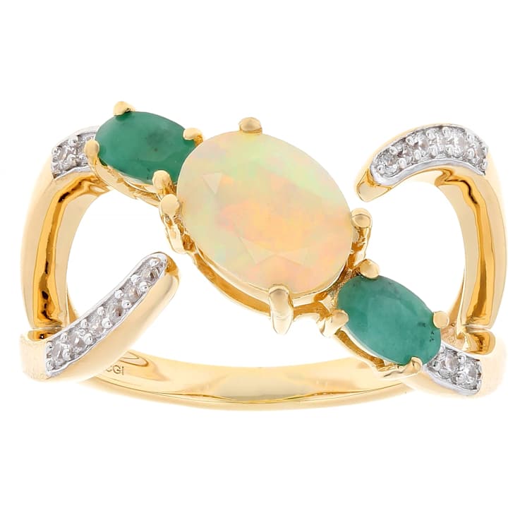 Opal, Emerald And White Zircon Ring In 18K Gold Over Sterling Silver 1.15ctw
