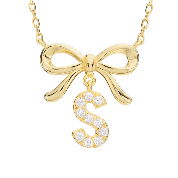 Initial S Bow CZ Necklace In 14K Gold Over Sterling Silver 0.23ctw