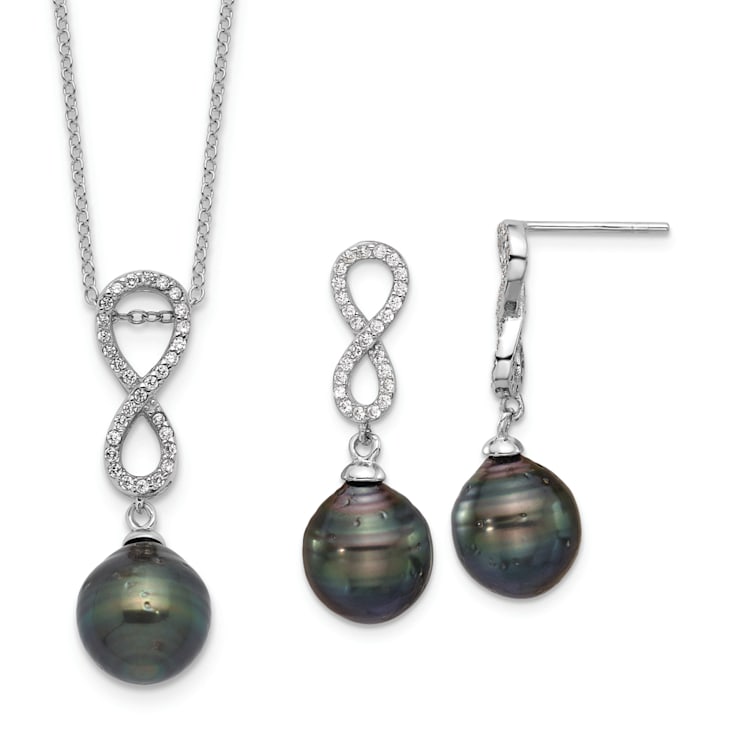 Rhodium Over Sterling Silver Tahitian Pearl/Cubic Zirconia Infinity
Necklace and Earring Set