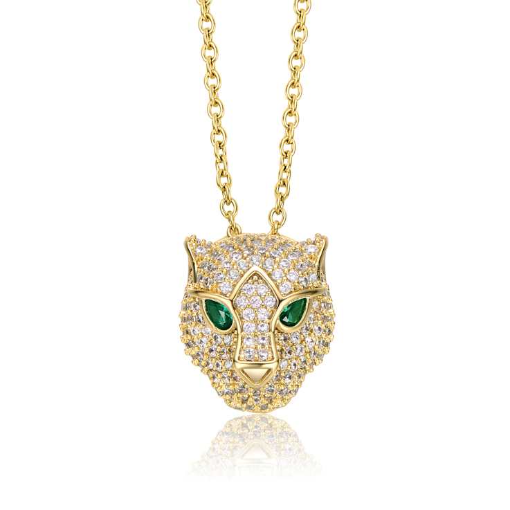 Emerald Color CZ Panther Head Pendant Necklace In 14K Gold Over Brass