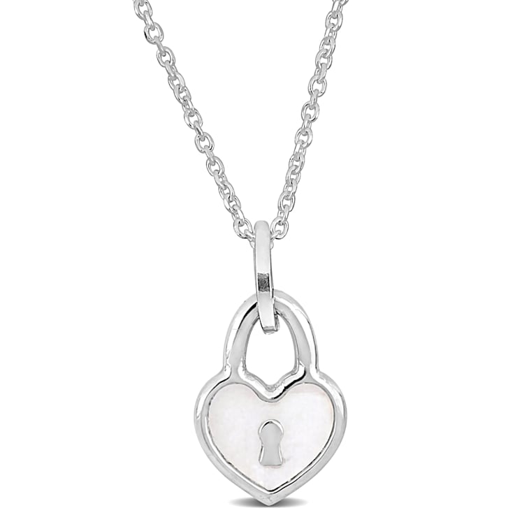 Children's White Enamel Heart Lock Charm Necklace in Sterling Silver