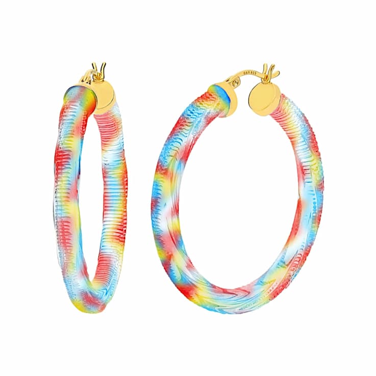 14K Yellow Gold Over Sterling Silver Painted Hoops in Multi-color