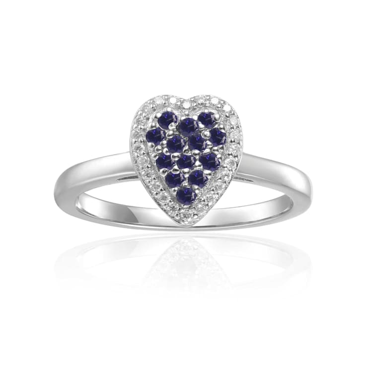 Blue Sapphire and Moissanite Sterling Silver Heart Shape Cluster Ring