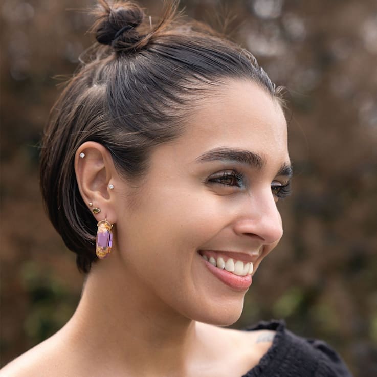 14K Yellow Gold Over Sterling Silver Mini Gold Leaf Acrylic Hoops in Purple