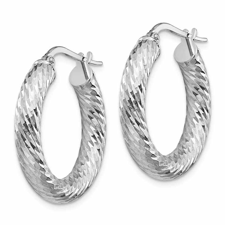 Rhodium Over 14k White Gold Diamond-Cut 15/16" Round Hoop Earrings