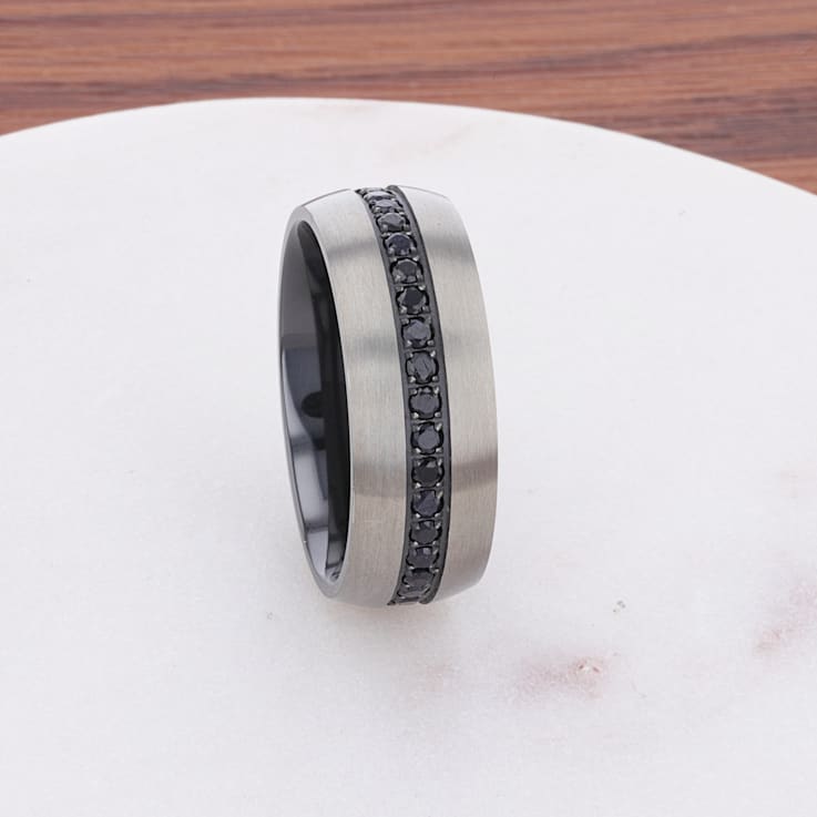 AVIATOR Domed Brushed Titanium Men's Wedding Band with Black Sapphire
Stones Inlay 8mm