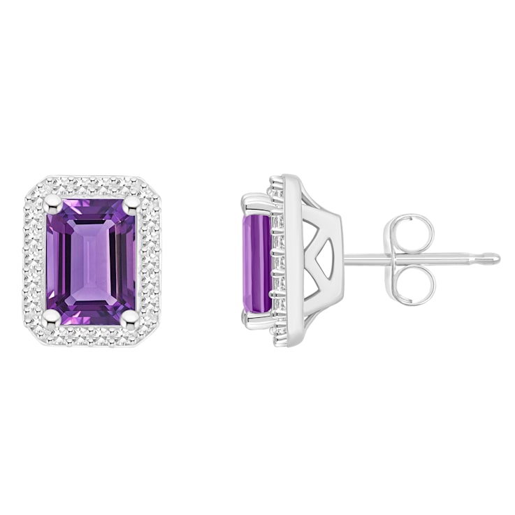 7x5mm Emerald Cut Amethyst 1/5 ctw Diamond Rhodium Over Sterling Silver
Halo Stud Earrings