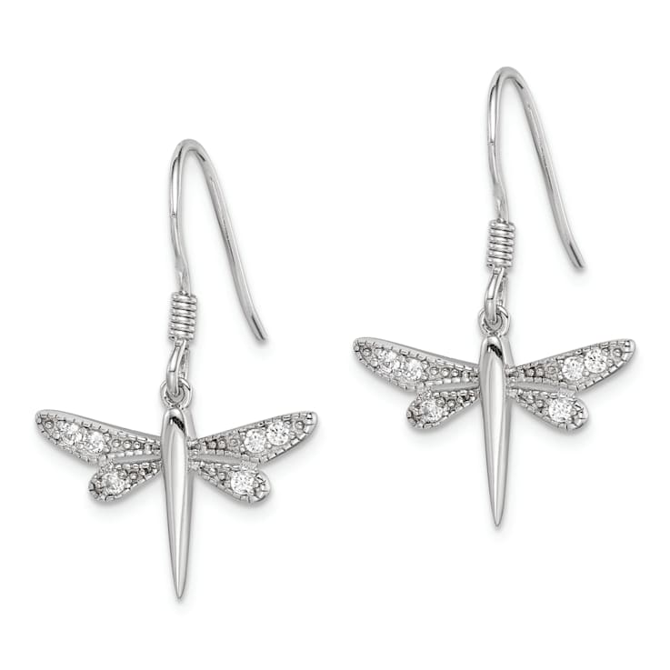 Rhodium Over Sterling Silver Polished Cubic Zirconia Dragonfly Earrings