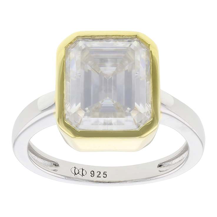 Two-Tone Moissanite Emerald-Cut Solitaire Ring In 14K Gold And
Platinum-Enhanced Sterling Silver 4.93ct DEW