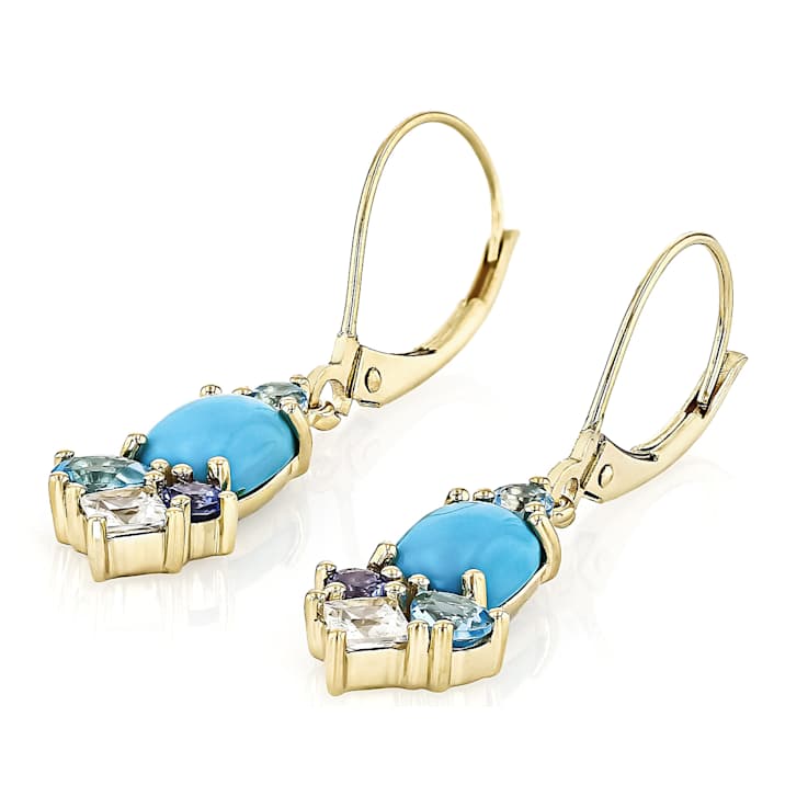 Turquoise And Multi-Blue Gemstone Dangle Earrings In Solid 10K Yellow Gold