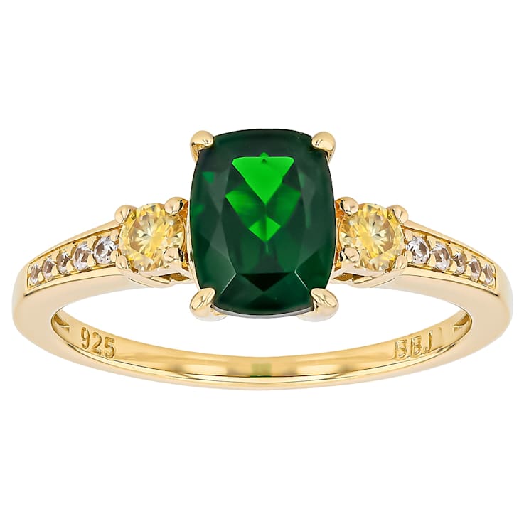 Chrome Diopside, Lab-Created Yellow Moissanite And White Zircon Ring In
18K Gold Over Sterling Silver 1.50ctw
