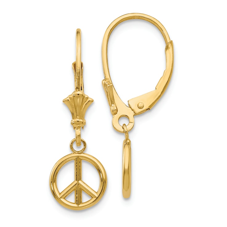 14k Yellow Gold 3D Peace Symbol Dangle Earrings