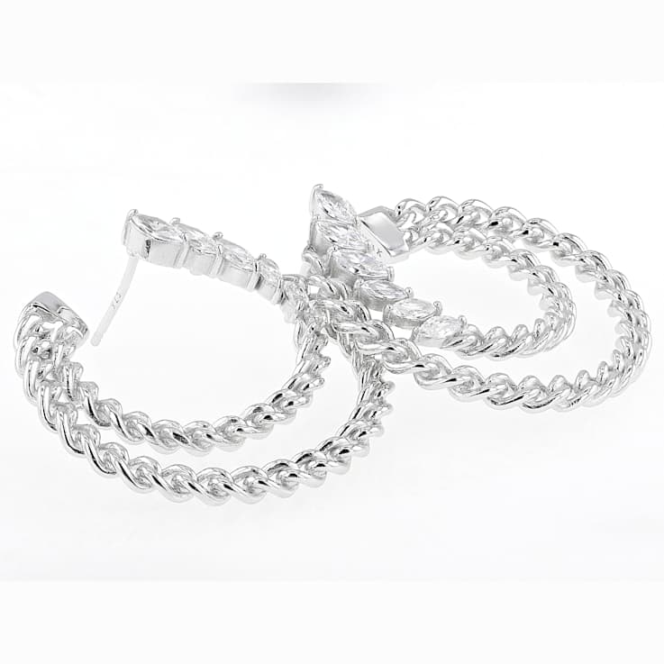 CZ Marquise and Link Double Hoop Earrings In Platinum-Enhanced Sterling
Silver 1.94ctw