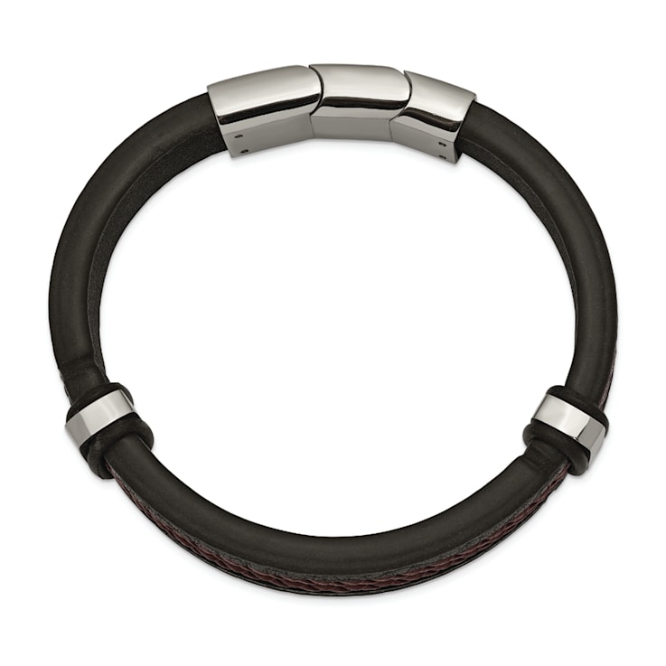 Black and Brown Braided Leather and Stainless Steel Polished Black with
0.5-inch Extension Bracelet