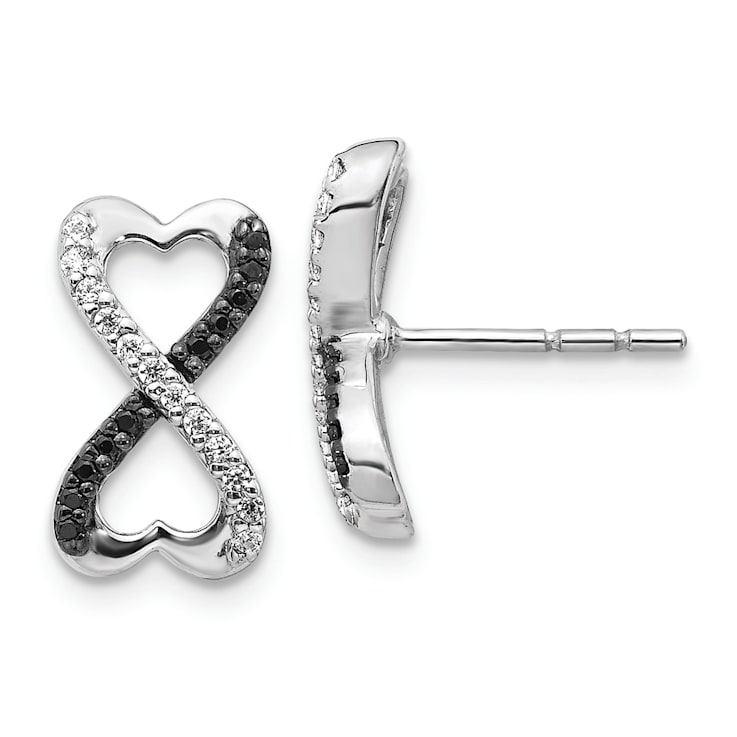 Rhodium Over 14k White Gold Black and White Diamond Infinity Heart Stud Earrings