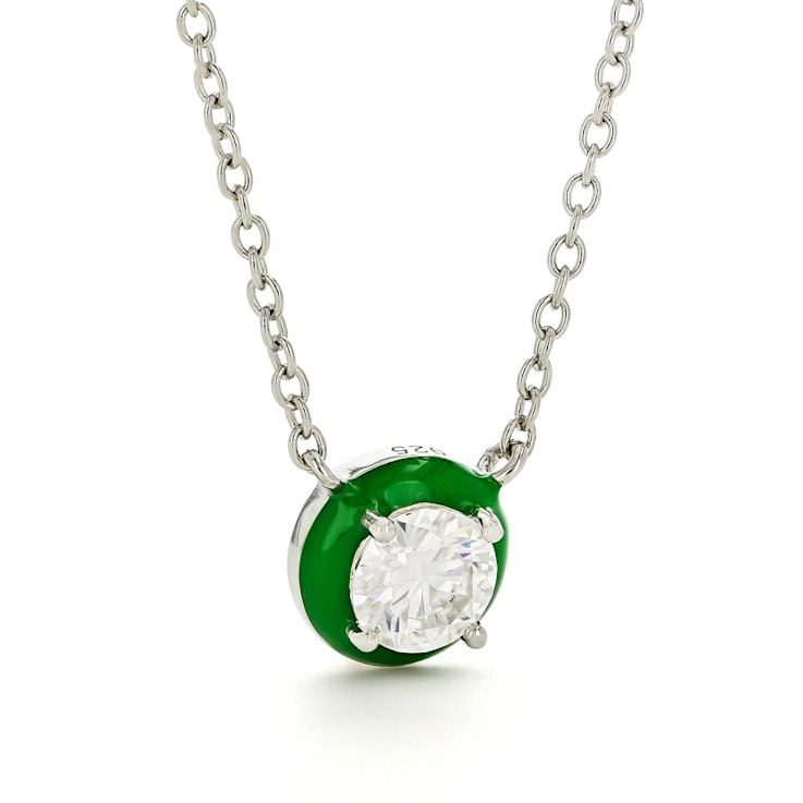 Moissanite Solitaire Rhodium Over Sterling Silver Necklace With Green Enamel