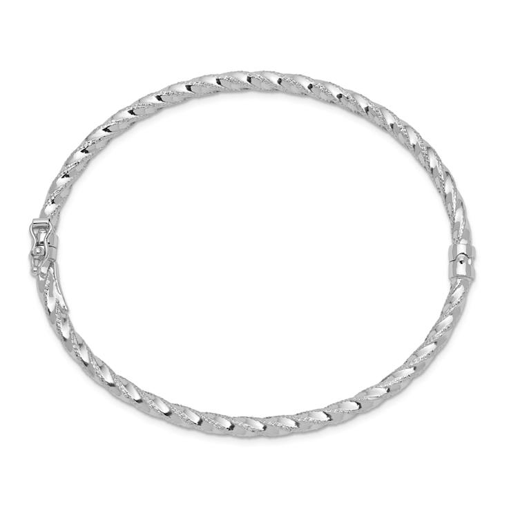Rhodium Over 14k White Gold 3mm Polished and Textured Hinged Bangle Bracelet