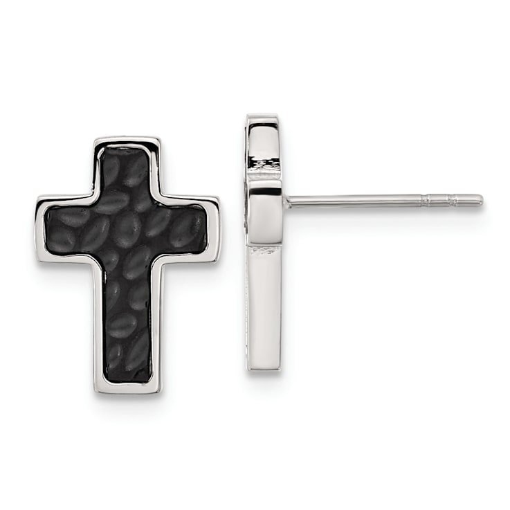 Stainless Steel Brushed and Polished Black IP-plated Textured Cross Earrings