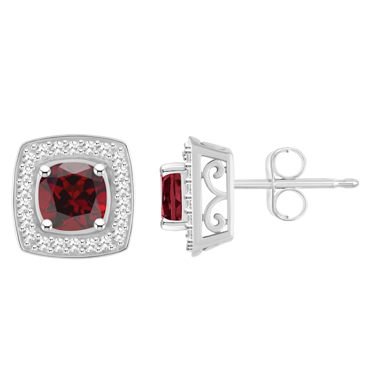 5mm Cushion Garnet 1/5 ctw Diamond Rhodium Over Sterling Silver Halo
Stud Earrings