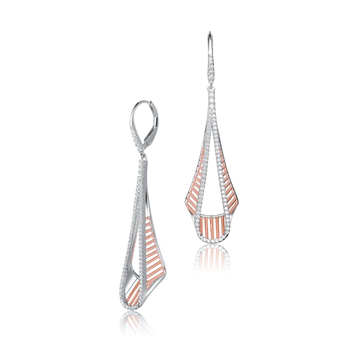 Pave CZ Linear Drop Earrings In 18K Rose Gold Over Sterling Silver