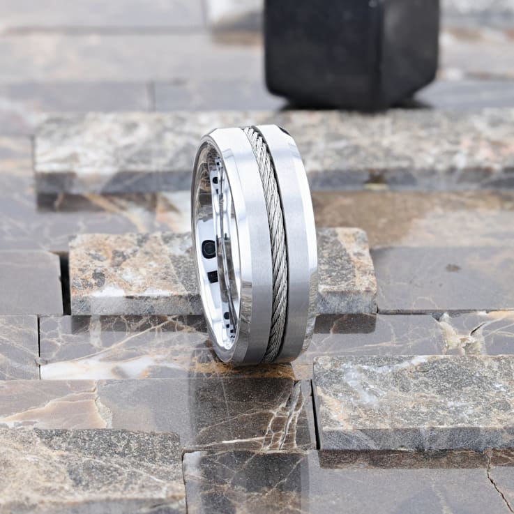 LANNISTER Men’s Tungsten Flat Wedding Band with Steel Wire Cable Inlay
and Beveled Edges 8mm