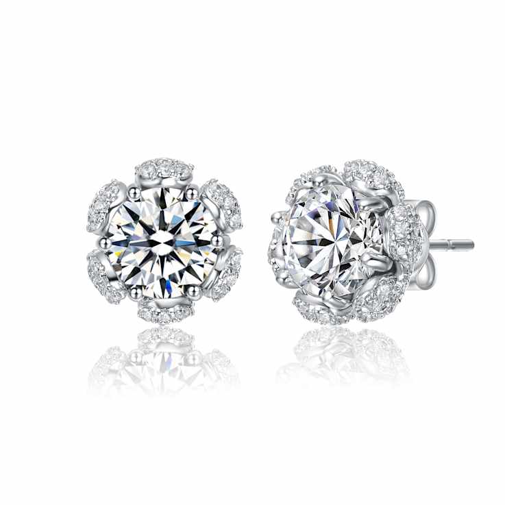 CZ Flower Halo Stud Earrings In Sterling Silver
