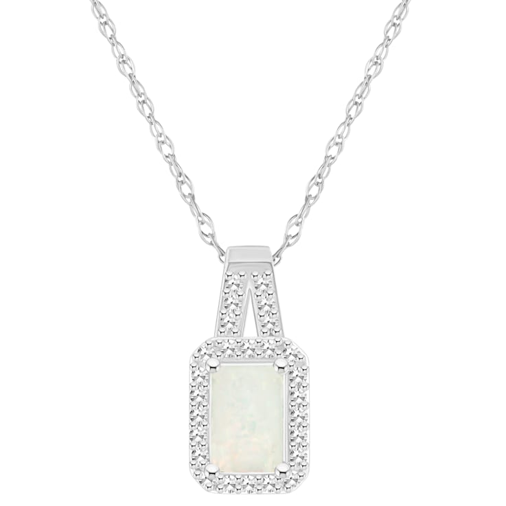 6x4mm Emerald Cut Opal 1/8 ctw Diamond Rhodium Over Sterling Silver Halo
Pendant with Chain