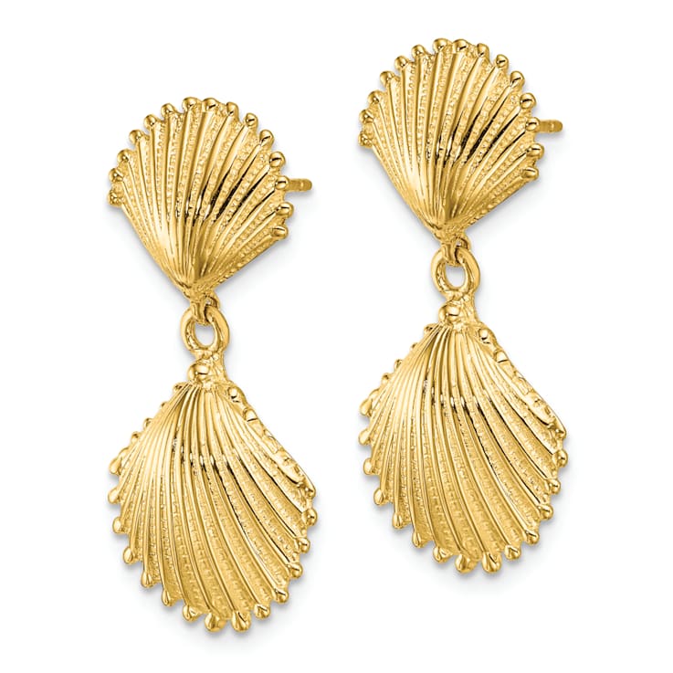 14k Yellow Gold Polished and Textured Scallop Shell Dangle Earrings