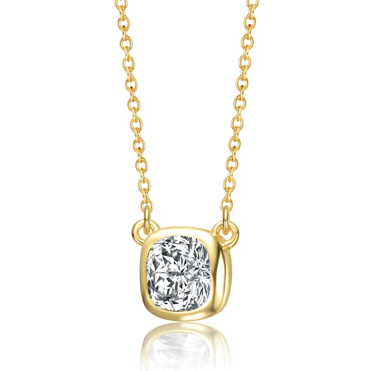 Square Cushion CZ Bezel Solitaire Necklace In 14K Gold Over Sterling Silver
