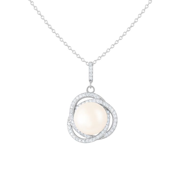 11-12mm Button White Cultured Freshwater Pearl and CZ Rhodium Over
Sterling Silver Pendant