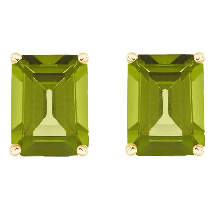 8x6mm Emerald Cut Peridot 14k Yellow Gold Stud Earrings