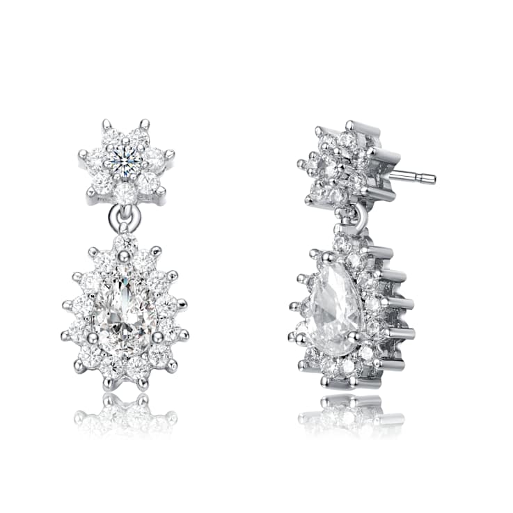Pear Shape CZ Flower Cluster Drop Earrings In White Rhodium Over Brass